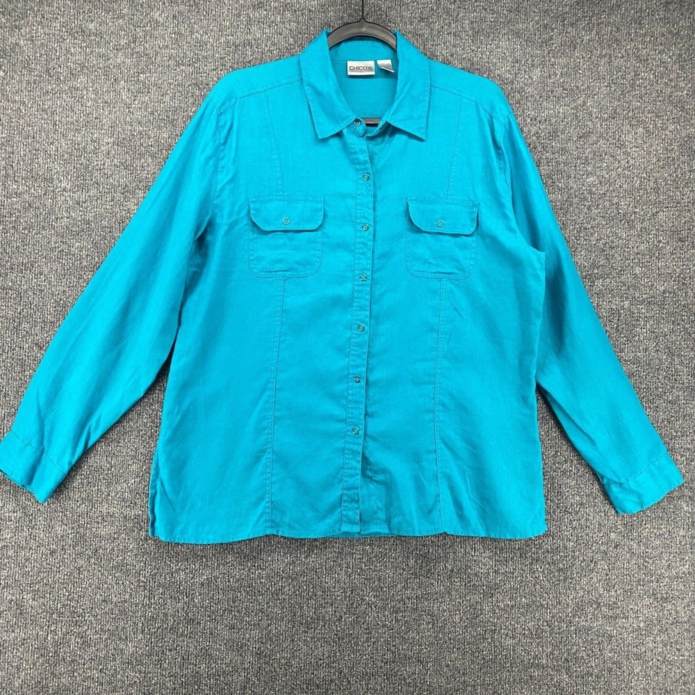 Chicos Shirt 2 Womens L Blue Linen Button Up Ladies Beachy Coastal Resort Casual